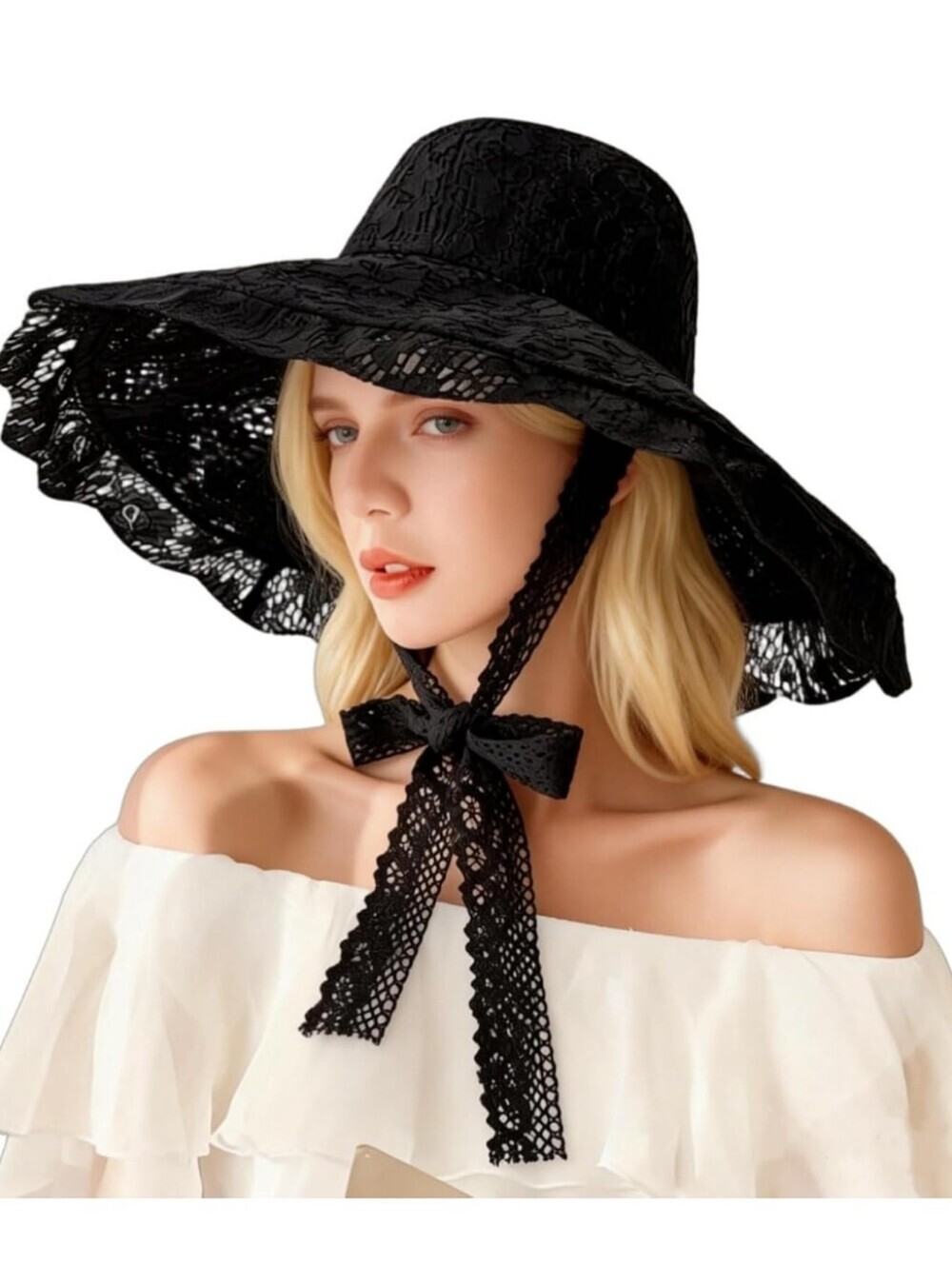 Black Lace Wide-Brim Sun Hat with Tie